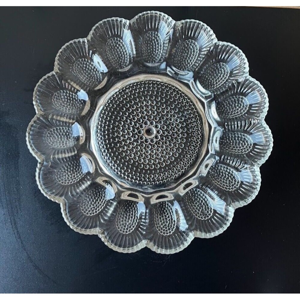 11”  Indiana Clear Glass Hobnail Deviled Egg Plate 15 Slot Thousand Eyes Edie
